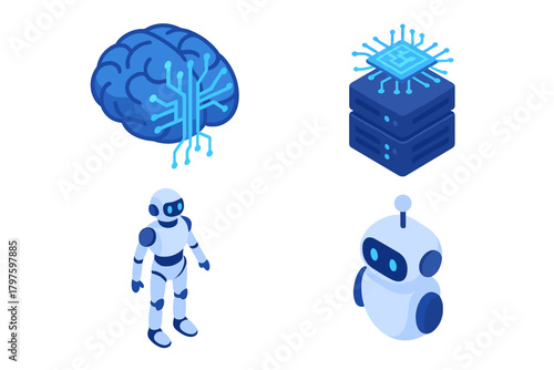 Artificial intelligence brain, server data stack, humanoid robot, and chatbot