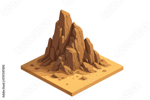 Rugged brown rock formation rising from a square patch of arid desert sand in isometric view