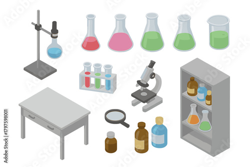 Isometric collection of chemistry laboratory equipment including flasks, test tubes, microscope, and chemical bottles