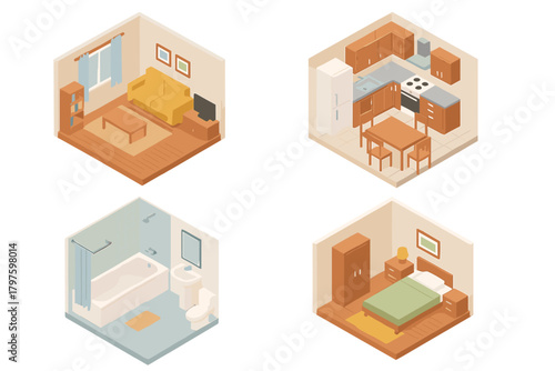 Isometric set of four home interior spaces: living room, kitchen, bedroom, and bathroom