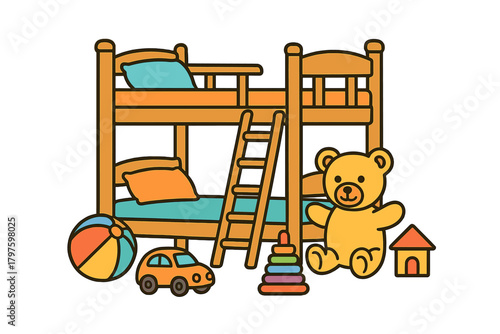 Cozy child's bedroom setup featuring a wooden bunk bed, ladder, teddy bear, toy car, beach ball, and stacking rings