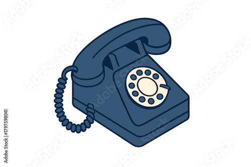 Retro dark blue rotary dial telephone with receiver and coiled cord in isometric perspective