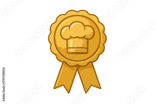 Shiny gold rosette award badge with chef toque icon and decorative ribbons