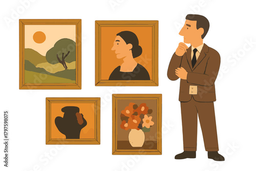 Man in a suit observing framed paintings displayed in an art gallery setting
