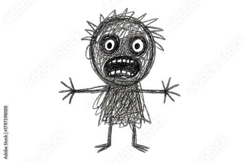 Distressed cartoon character with wide eyes and spiky hair screaming in panic or shock