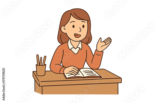 Smiling young woman sitting at a school desk teaching or giving a presentation