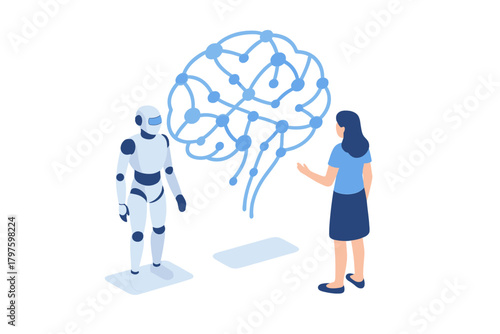 Woman and humanoid robot analyzing complex digital brain structure