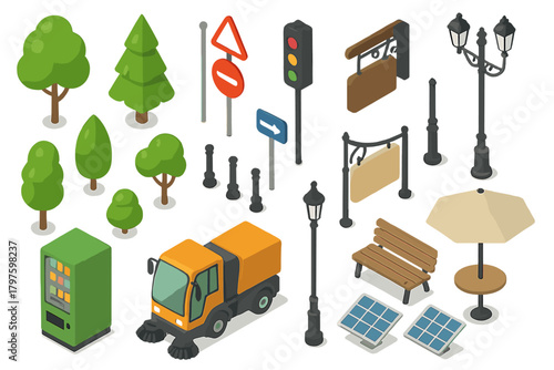 Isometric urban infrastructure elements set including trees street signs lamps benches and cleaning truck