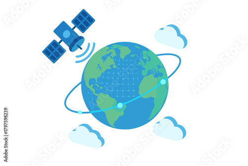 Global communication satellite network orbiting planet Earth providing worldwide data connectivity
