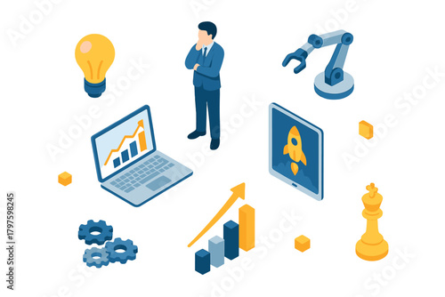 Isometric business concept with technology symbols and strategic planning elements