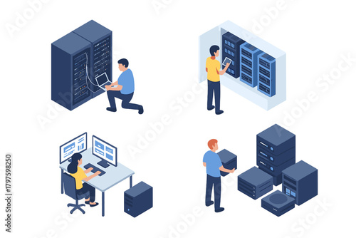 IT professionals maintaining server racks and administering data center infrastructure