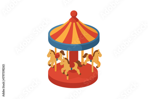Traditional amusement park merry-go-round ride with colorful striped roof