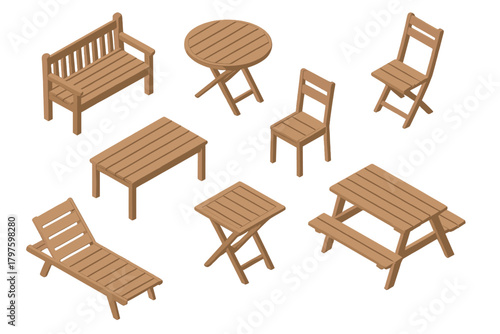 Isometric wooden outdoor furniture set including bench, tables, chairs, and sun lounger