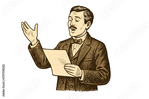 Distinguished man in vintage suit delivering dramatic public speech or reading formal document