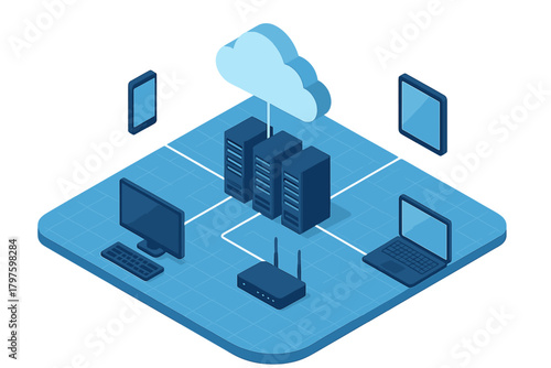 Isometric cloud computing network showing server racks and connected digital devices