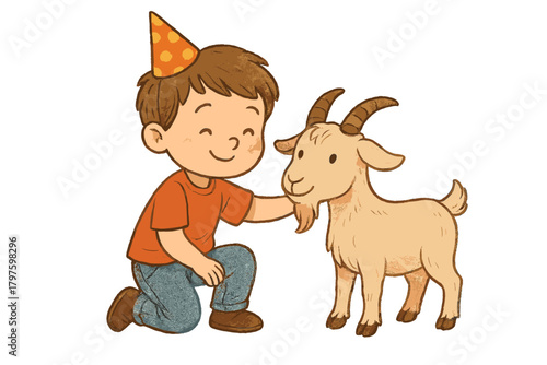 Happy young boy wearing a festive party hat petting a cute baby goat isolated on a white background