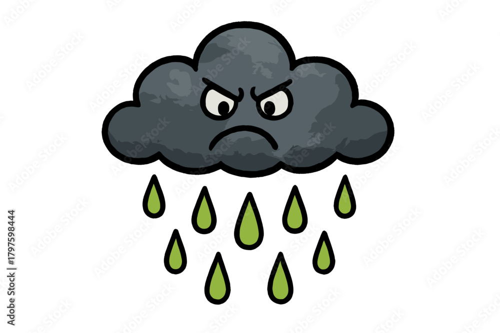 Obraz premium Grumpy dark gray cloud icon raining stylized bright green water drops