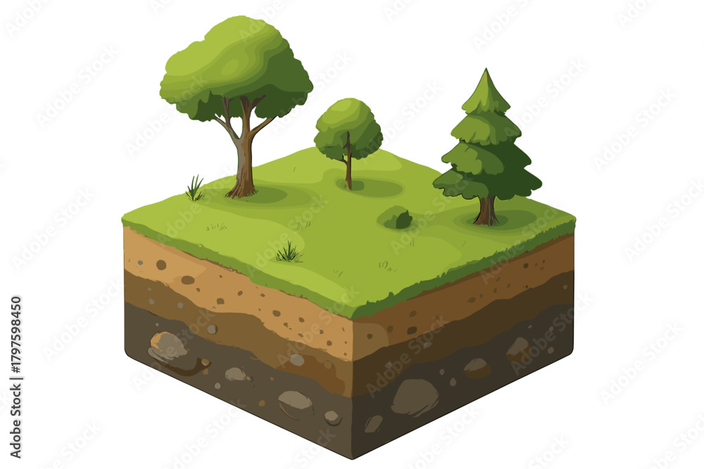 Obraz premium Detailed isometric cross section of natural terrain showing soil layers, green grass, and various trees