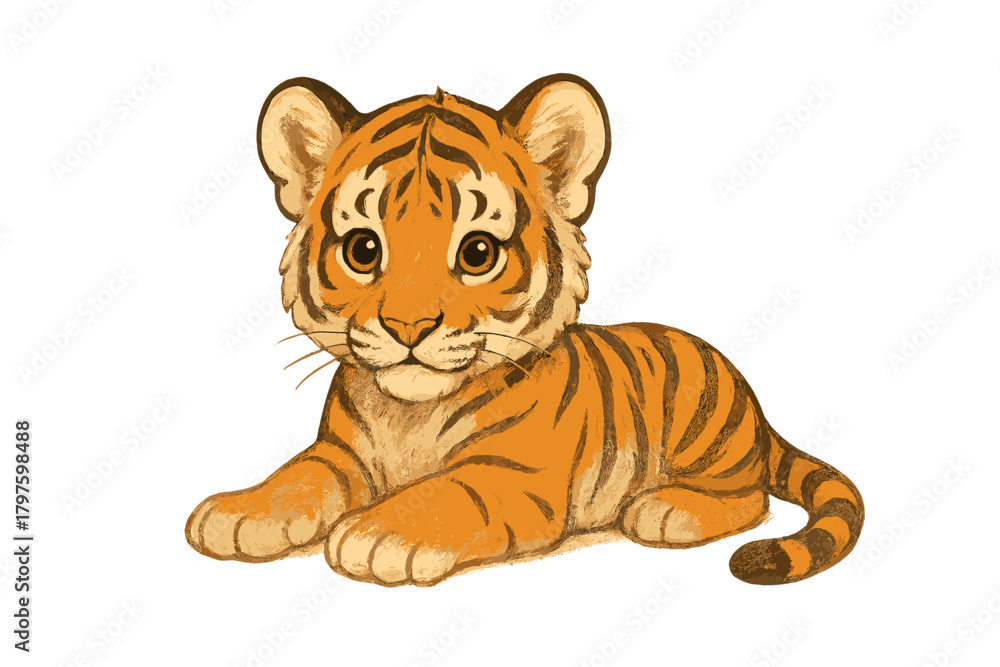 Fototapeta premium Adorable baby tiger cub lying down with big eyes isolated on white background