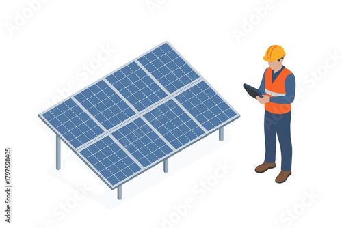 Professional technician inspecting photovoltaic solar energy panels in an isometric view