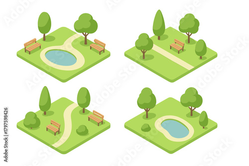 Isometric city park landscapes set featuring trees, wooden benches, winding paths, and water ponds