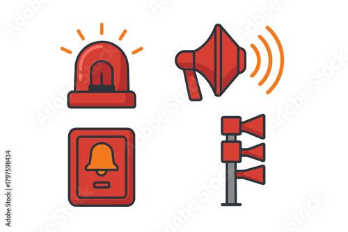 Red emergency warning symbols including flashing siren light, loud megaphone, fire alarm bell, and horn system
