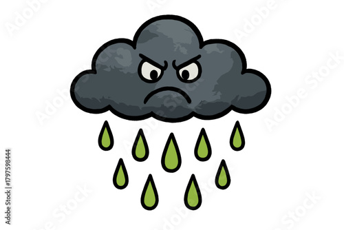 Grumpy dark gray cloud icon raining stylized bright green water drops