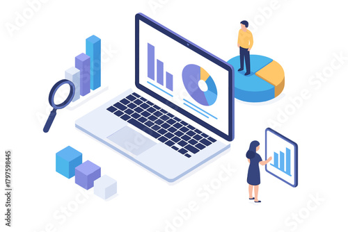 Isometric business analysis concept showing data visualization on laptop screen