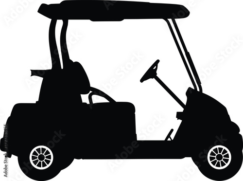 Black silhouette of a golf cart with white wheel details on a white background vehicle