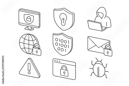 Isometric line symbols for cybersecurity, data protection, hacking, and digital threats