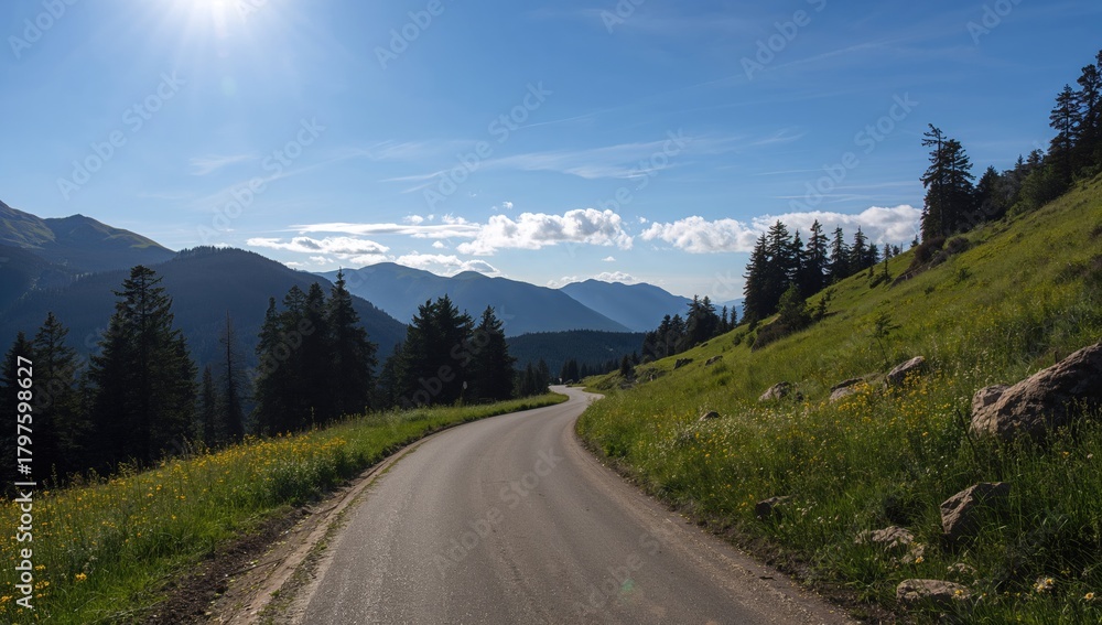 Fototapeta premium Winding mountain road curves, showcasing seasonal change