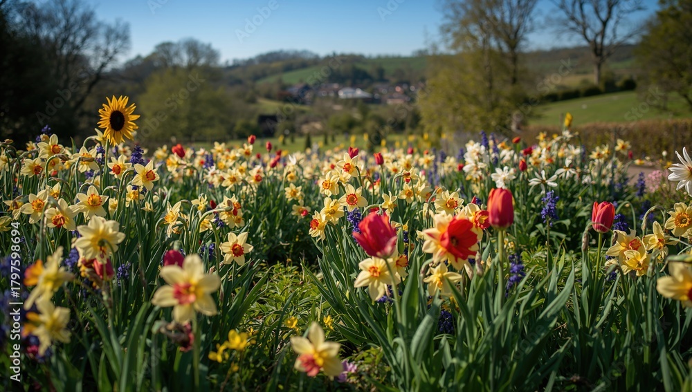 Fototapeta premium Various flowers blooming in fields during springtime, ideal for natural backdrops, seasonal change