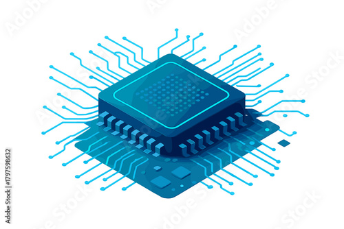 Isometric microchip processor on a futuristic circuit board with glowing blue connections