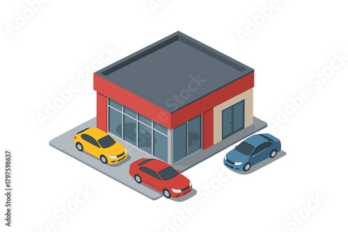 Contemporary commercial building exterior with three colorful passenger cars parked in the lot