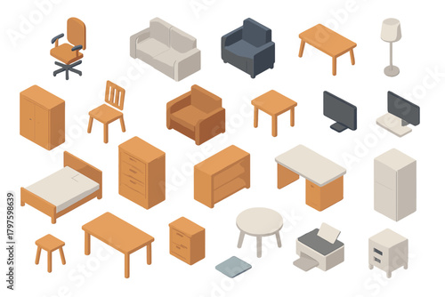 Isometric furniture and home objects set including bed, sofa, chair, desk, cabinet, and electronic devices
