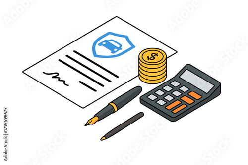 Isometric concept of vehicle insurance policy document with calculator and money stack