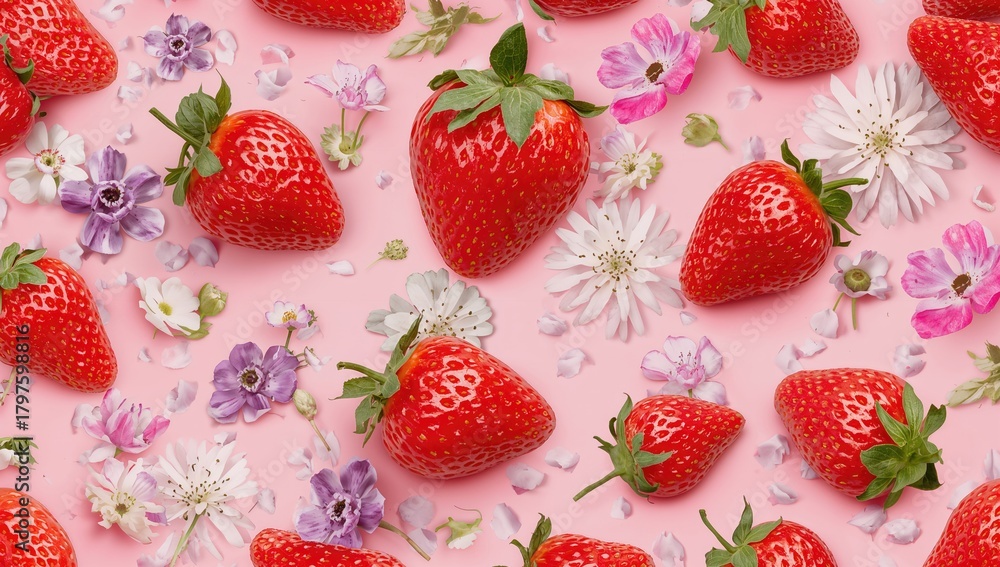 Seamless pattern featuring strawberries and flowers ideal for print and digital media, decorative use