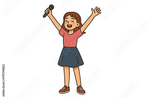 Young woman singing into a microphone with arms raised high on stage