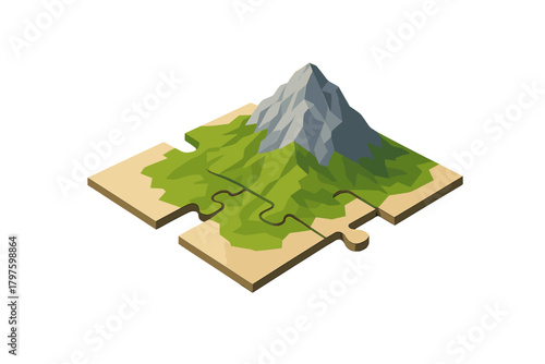 Isometric low poly mountain landscape resting on a large puzzle piece symbolizing nature conservation