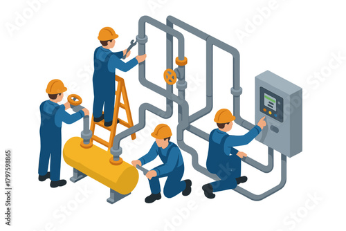 Isometric view of maintenance crew servicing industrial pipes, valves, and control systems