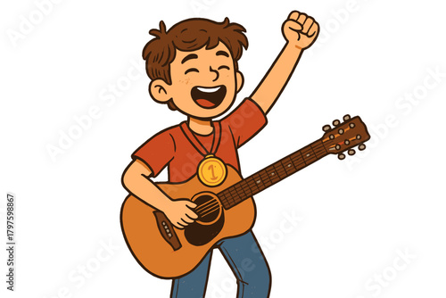 Excited child musician celebrating success while playing acoustic guitar and wearing a first place medal