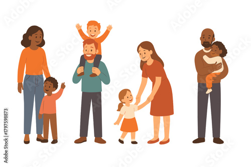 Group of diverse parents interacting with their young children in various loving poses
