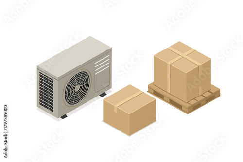 Outdoor air conditioning unit next to shipping boxes and wooden pallet in isometric view