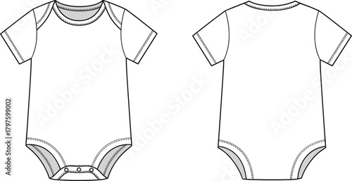 Baby bodysuit fashion template short sleeve onesie front and back views, cad drawing flat vector illustration for apparel designers use