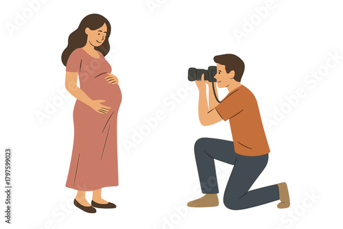 Photographer taking portrait of smiling pregnant woman during maternity photoshoot