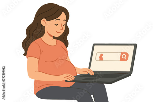 Smiling pregnant woman using a laptop to search for maternity resources online