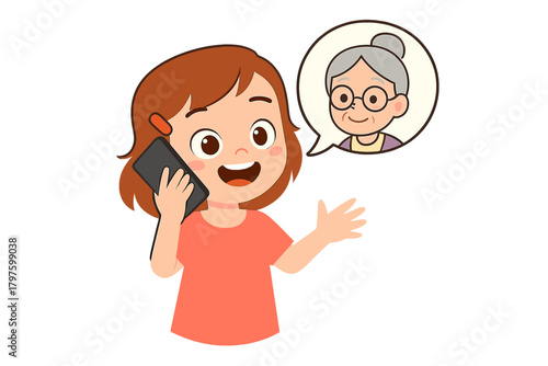 Smiling child holding a smartphone having a conversation with an elderly woman avatar