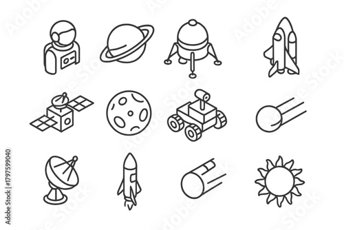 Minimalist isometric outline icons featuring astronaut, planets, rockets, and space exploration vehicles