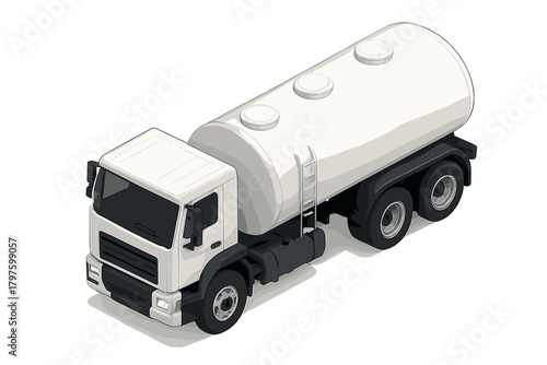 Large white fuel tanker truck for liquid transport in isometric perspective