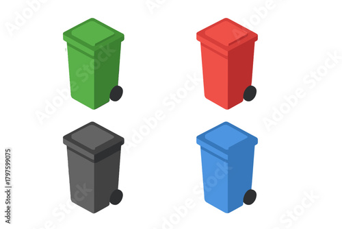 Four colorful isometric recycling bins for waste sorting and garbage management